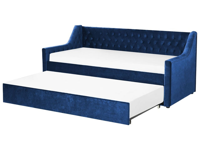 Trundle Bed Frame Blue Velvet EU Single Size 3ft Slatted Frame Buttoned Glam Beliani