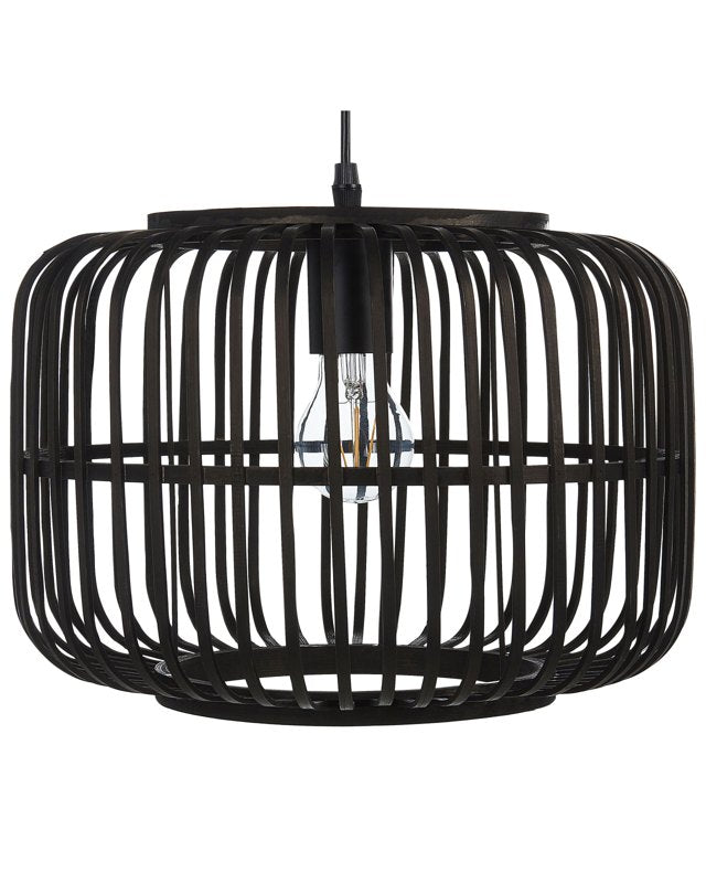 Pendant Lamp Black Bamboo Wood Cage Shade Adjustable Cable Hanging Light Boho Design Beliani