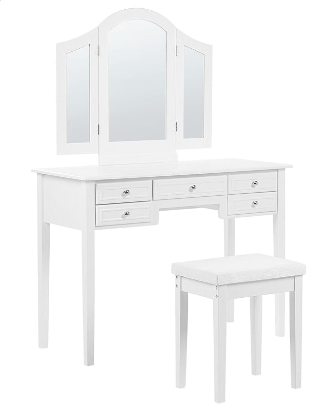 Dressing Table White MDF 95 x 45 x 144 cm 5 Drawers 2 Winged Mirror Stool Living Room Furniture Retro Design  Beliani