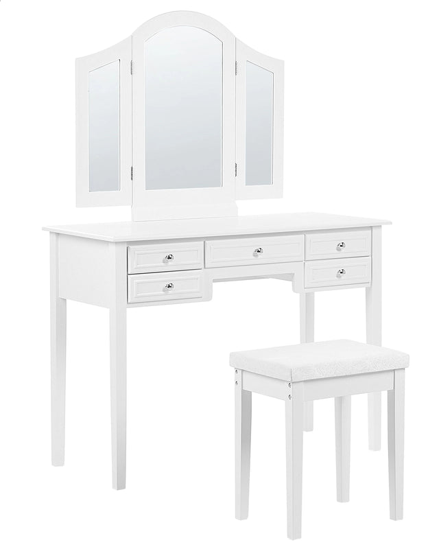 Dressing Table White MDF 95 x 45 x 144 cm 5 Drawers 2 Winged Mirror Stool Living Room Furniture Retro Design  Beliani