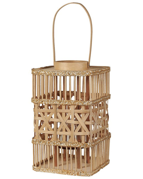 Lantern Natural Bamboo Wood 39 cm with Glass Candle Holder Boho Style Indoor Beliani