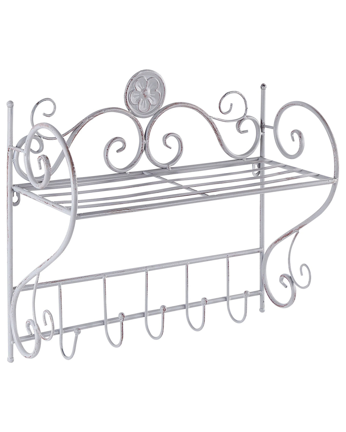 Bathroom Wall Shelf Grey Metal 42 x 47 cm Distressed Effect Floating Single Shelf with Hooks Vintage Style Beliani