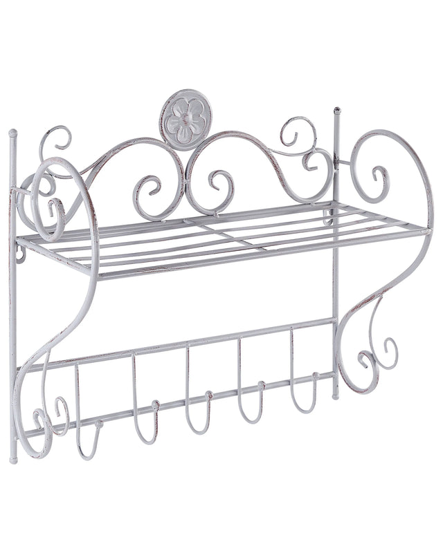 Bathroom Wall Shelf Grey Metal 42 x 47 cm Distressed Effect Floating Single Shelf with Hooks Vintage Style Beliani