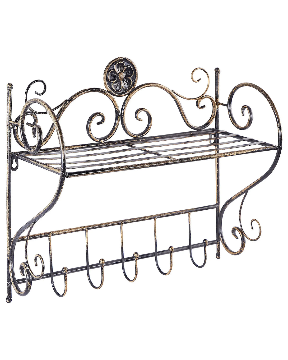 Bathroom Wall Shelf Black Metal 42 x 47 cm Distressed Effect Floating Single Shelf with Hooks Vintage Style Beliani