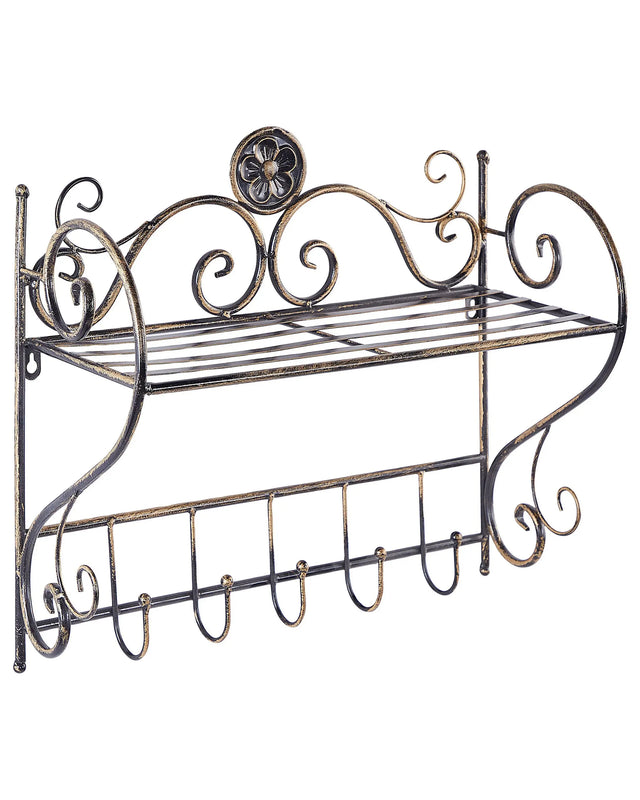 Bathroom Wall Shelf Black Metal 42 x 47 cm Distressed Effect Floating Single Shelf with Hooks Vintage Style Beliani