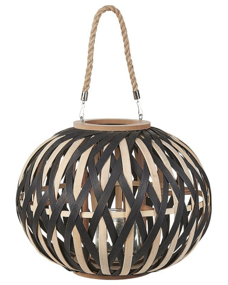 Lantern Natural Black Bamboo Wood 37 cm with Glass Candle Holder Boho Style Indoor Beliani