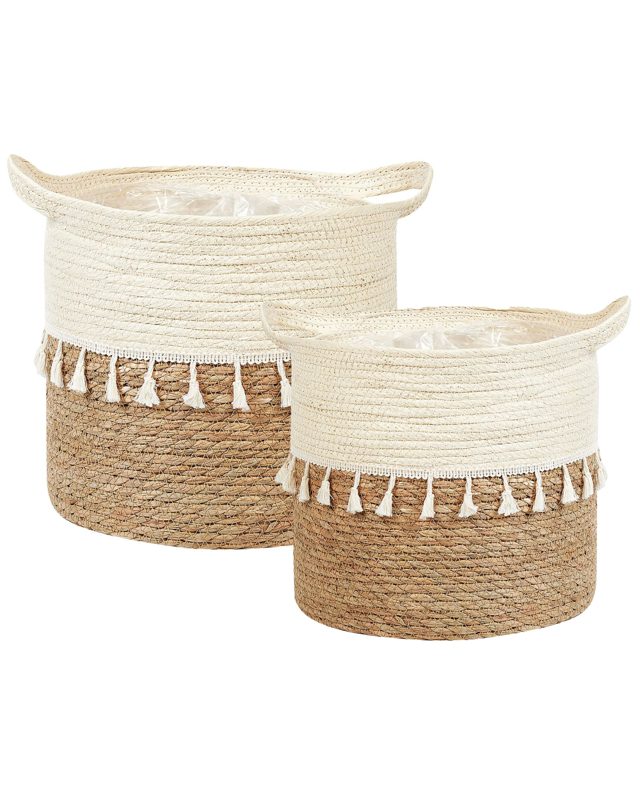 Set of 2 Plant Baskets Natural Beige Seagrass Planter Pots Fringes Indoor Use Boho Style Beliani