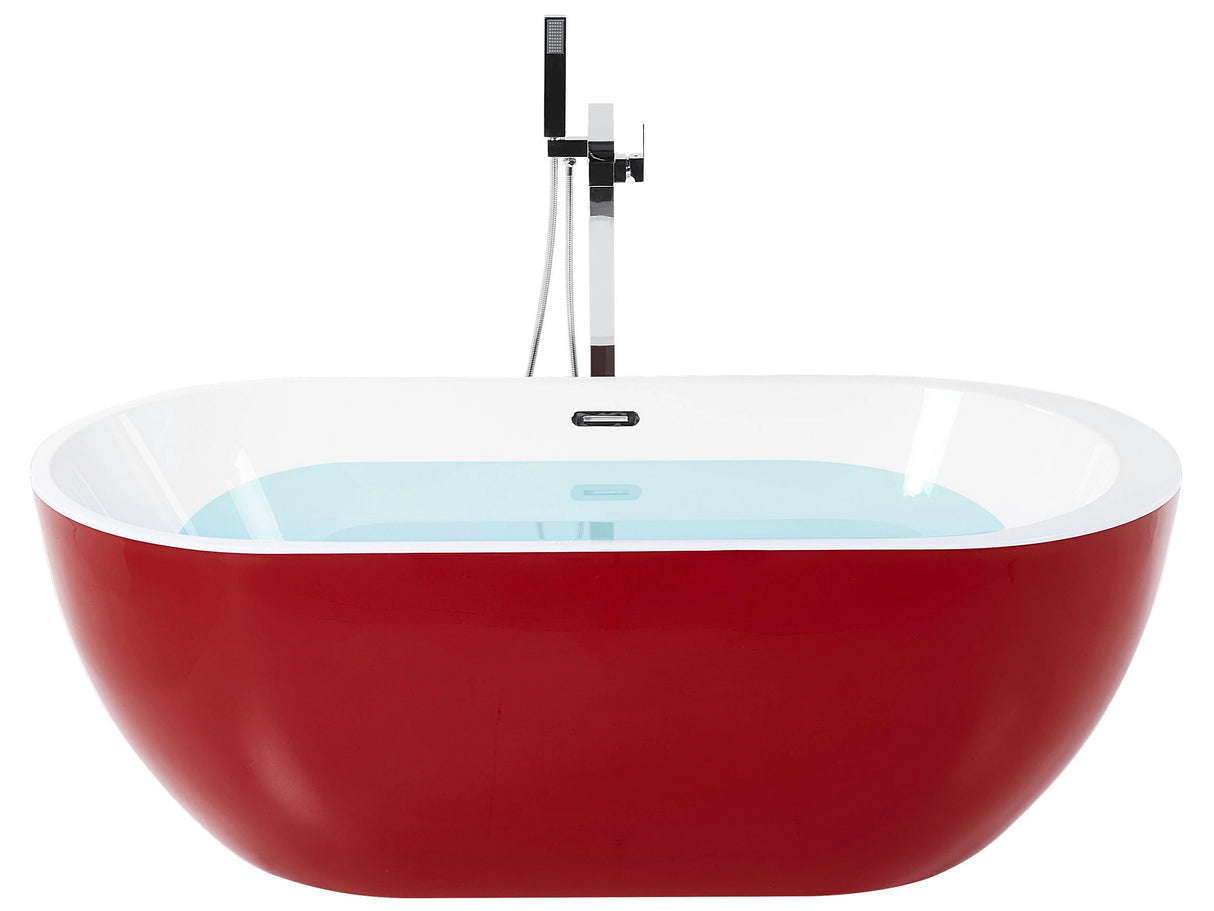 Freestanding Bath Tub Acrylic Red Oval 160 x 75 cm Overflow System Modern Beliani