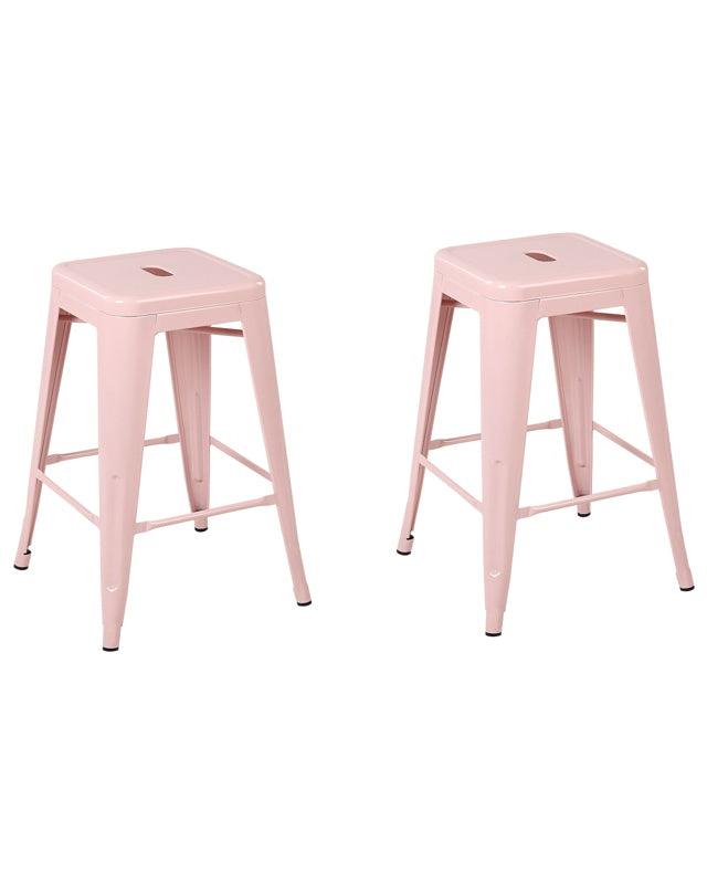 Set of 2 Bar Stools Pink Steel 60 cm Stackable Counter Height Industrial Beliani