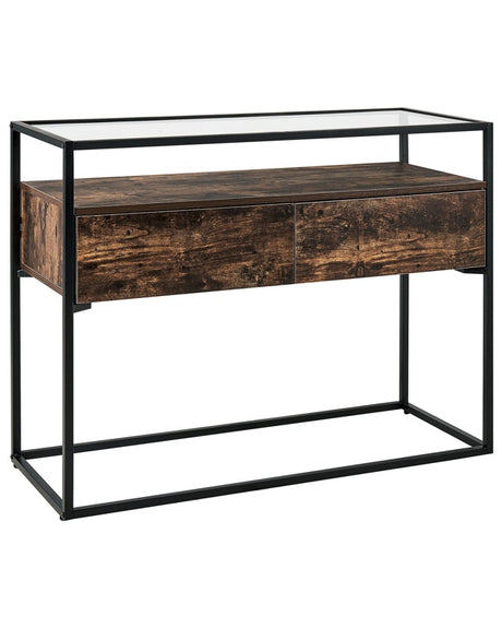 Console Table Dark Wood with Black Glass Top Metal Frame 100 x 40 cm Storage Function Rectangular Modern Design Beliani