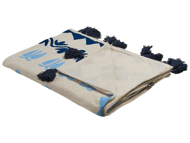 Blanket Beige and Blue Cotton 130 x 180 cm Handmade Embrioidery Bed Throw Cosy Floral Pattern with Tassels Beliani