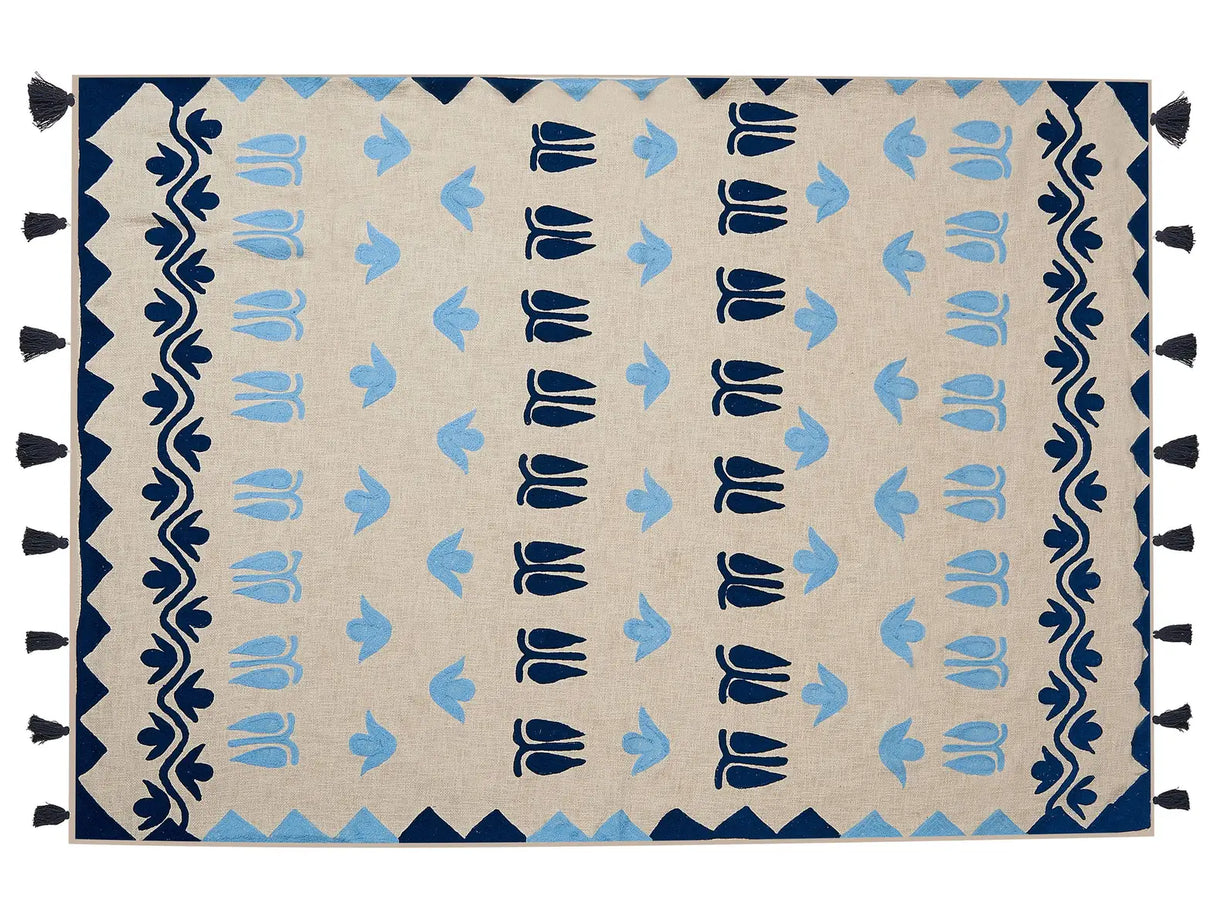 Blanket Beige and Blue Cotton 130 x 180 cm Handmade Embrioidery Bed Throw Cosy Floral Pattern with Tassels Beliani