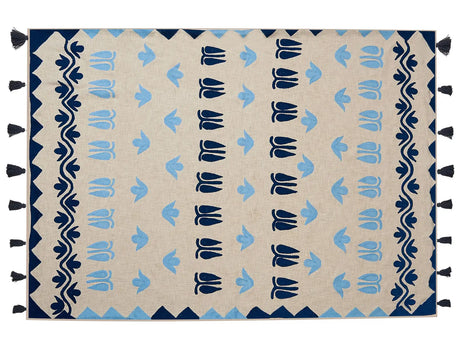 Blanket Beige and Blue Cotton 130 x 180 cm Handmade Embrioidery Bed Throw Cosy Floral Pattern with Tassels Beliani