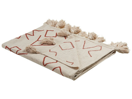 Blanket Beige with Red Cotton 130 x 180 cm Handmade Embrioidery Bed Throw Cosy Floral Pattern with Tassels Beliani