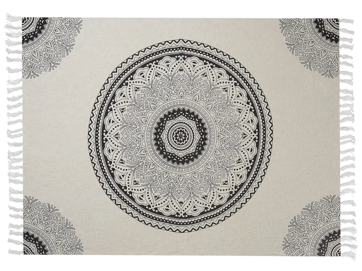 Blanket Beige and Black Cotton 130 x 180 cm Print Mandala Pattern Bed Throw Cosy Floral Pattern Beliani