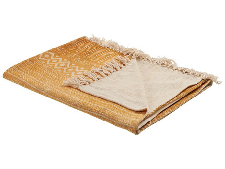 Blanket Yellow and Beige Cotton 130 x 180 cm Bed Throw African Pattern Fringes Bedroom Living Room Beliani