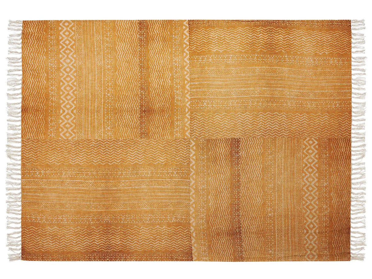 Blanket Yellow and Beige Cotton 130 x 180 cm Bed Throw African Pattern Fringes Bedroom Living Room Beliani