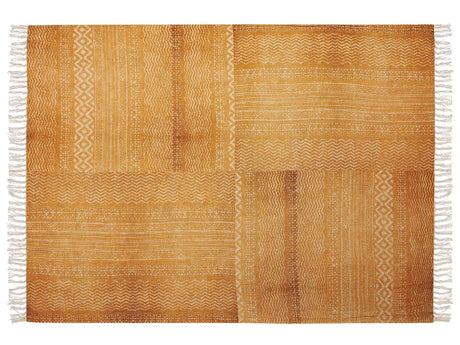 Blanket Yellow and Beige Cotton 130 x 180 cm Bed Throw African Pattern Fringes Bedroom Living Room Beliani