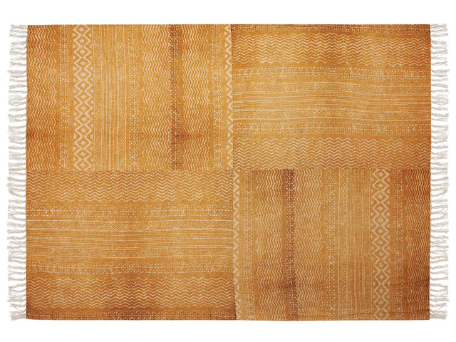 Blanket Yellow and Beige Cotton 130 x 180 cm Bed Throw African Pattern Fringes Bedroom Living Room Beliani