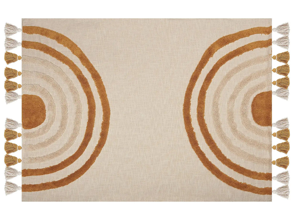 Blanket Beige and Orange Cotton 130 x 180 cm Handmade Embrioidery Bed Throw Cosy GeometricPattern with Tassels Beliani