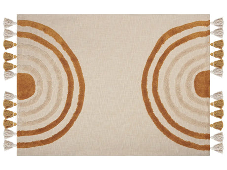 Blanket Beige and Orange Cotton 130 x 180 cm Handmade Embrioidery Bed Throw Cosy GeometricPattern with Tassels Beliani
