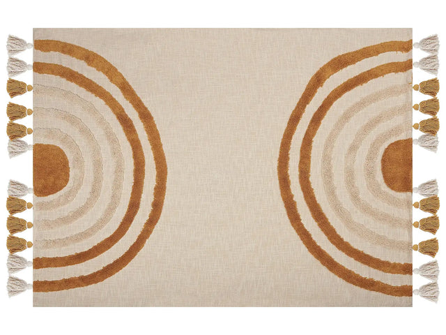 Blanket Beige and Orange Cotton 130 x 180 cm Handmade Embrioidery Bed Throw Cosy GeometricPattern with Tassels Beliani