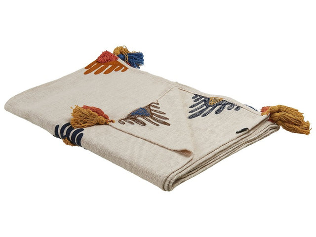 Blanket Beige and Orange Cotton 130 x 180 cm Handmade Embrioidery Bed Throw Cosy GeometricPattern with Tassels Beliani