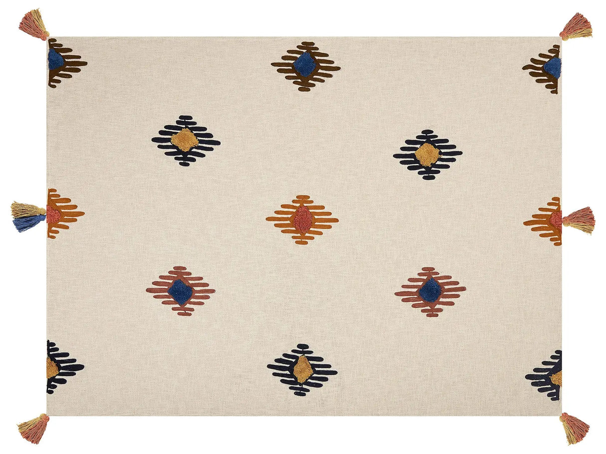 Blanket Beige and Orange Cotton 130 x 180 cm Handmade Embrioidery Bed Throw Cosy GeometricPattern with Tassels Beliani