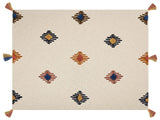 Blanket Beige and Orange Cotton 130 x 180 cm Handmade Embrioidery Bed Throw Cosy GeometricPattern with Tassels Beliani