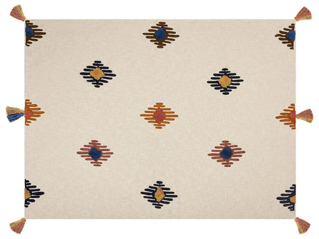 Blanket Beige and Orange Cotton 130 x 180 cm Handmade Embrioidery Bed Throw Cosy GeometricPattern with Tassels Beliani