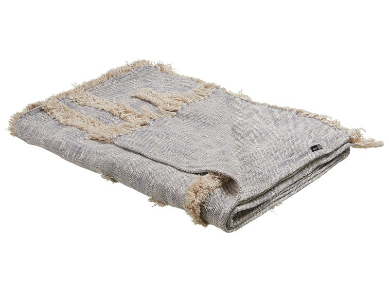 Blanket Grey and Beige Cotton 130 x 180 cm Handmade Embrioidery Bed Throw Cosy GeometricPattern with Tassels Beliani