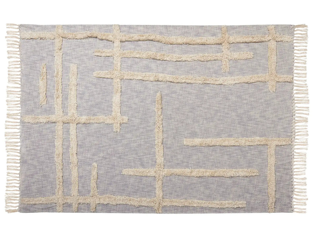 Blanket Grey and Beige Cotton 130 x 180 cm Handmade Embrioidery Bed Throw Cosy GeometricPattern with Tassels Beliani