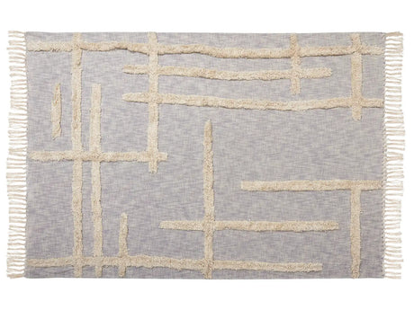 Blanket Grey and Beige Cotton 130 x 180 cm Handmade Embrioidery Bed Throw Cosy GeometricPattern with Tassels Beliani