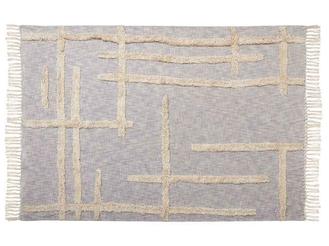 Blanket Grey and Beige Cotton 130 x 180 cm Handmade Embrioidery Bed Throw Cosy GeometricPattern with Tassels Beliani