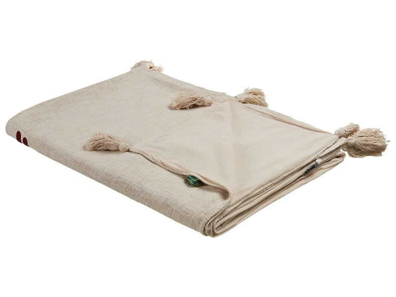 Blanket Beige and Brown Cotton 130 x 180 cm Handmade Embrioidery Bed Throw Cosy Lama Pattern with Tassels Beliani