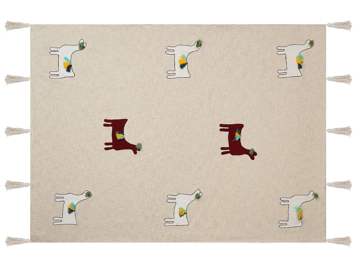 Blanket Beige and Brown Cotton 130 x 180 cm Handmade Embrioidery Bed Throw Cosy Lama Pattern with Tassels Beliani
