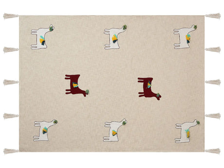 Blanket Beige and Brown Cotton 130 x 180 cm Handmade Embrioidery Bed Throw Cosy Lama Pattern with Tassels Beliani