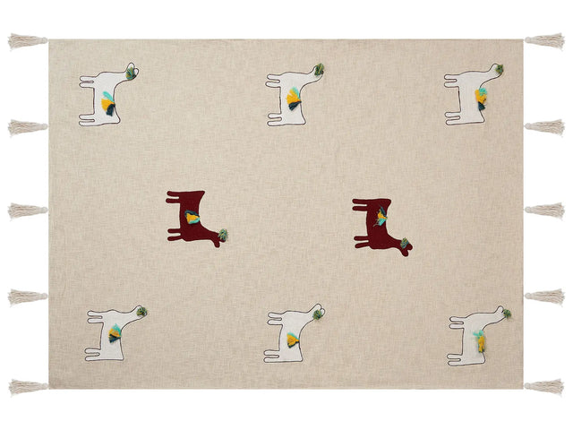 Blanket Beige and Brown Cotton 130 x 180 cm Handmade Embrioidery Bed Throw Cosy Lama Pattern with Tassels Beliani
