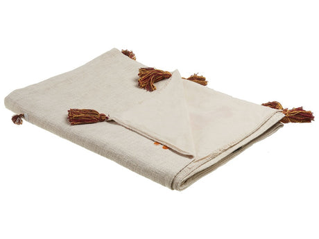 Blanket Beige and Orange Cotton 130 x 180 cm Handmade Embrioidery Bed Throw Cosy Lama Pattern with Tassels Beliani