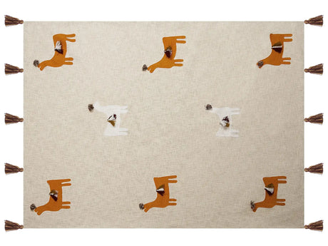 Blanket Beige and Orange Cotton 130 x 180 cm Handmade Embrioidery Bed Throw Cosy Lama Pattern with Tassels Beliani