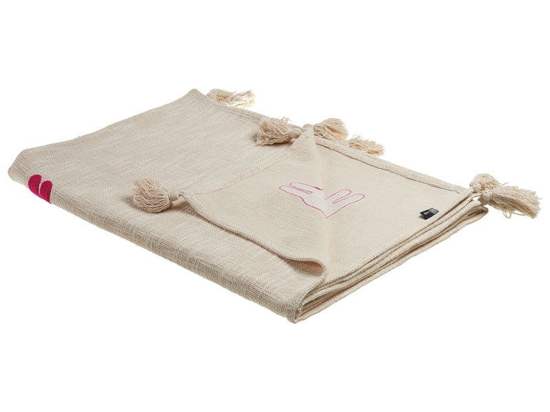 Blanket Beige and Pink Cotton 130 x 180 cm Handmade Embrioidery Bed Throw Cosy Lama Pattern with Tassels Beliani