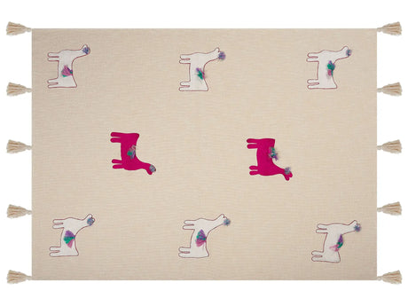 Blanket Beige and Pink Cotton 130 x 180 cm Handmade Embrioidery Bed Throw Cosy Lama Pattern with Tassels Beliani