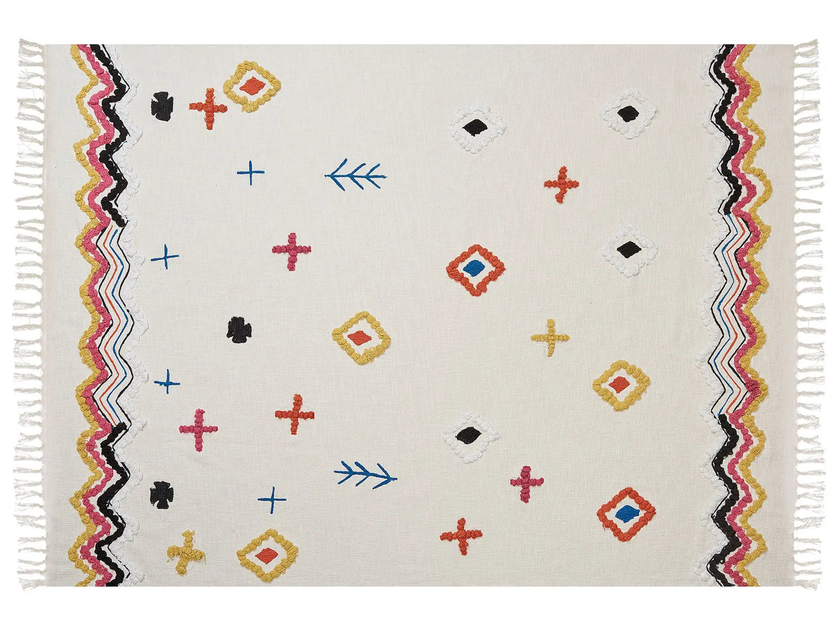 Blanket Beige and Pink Cotton 130 x 180 cm Handmade Embrioidery Bed Throw Cosy Lama Pattern with Tassels Beliani