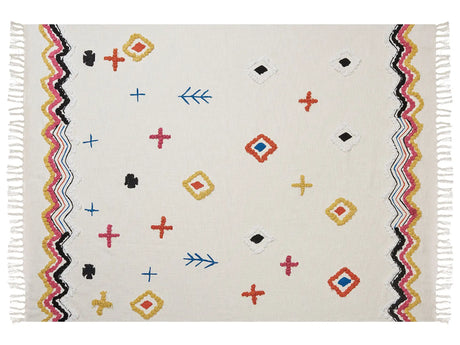 Blanket Beige and Pink Cotton 130 x 180 cm Handmade Embrioidery Bed Throw Cosy Lama Pattern with Tassels Beliani