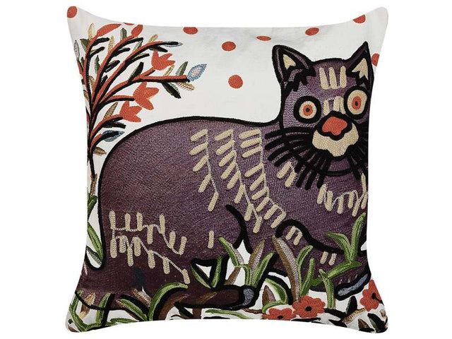 Scatter Cushion Multicolour Cotton Wool 50 x 50 cm Cat Motif Handmade Embroidered Removable Cover with Filling Boho Style Beliani