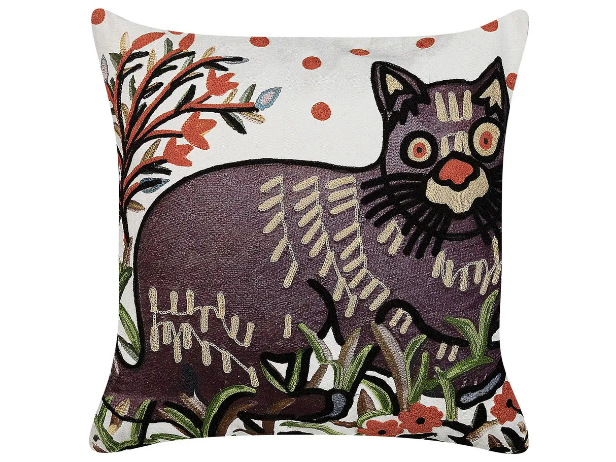 Scatter Cushion Multicolour Cotton Wool 50 x 50 cm Cat Motif Handmade Embroidered Removable Cover with Filling Boho Style Beliani