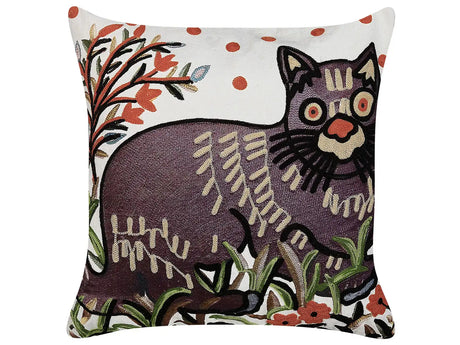 Scatter Cushion Multicolour Cotton Wool 50 x 50 cm Cat Motif Handmade Embroidered Removable Cover with Filling Boho Style Beliani