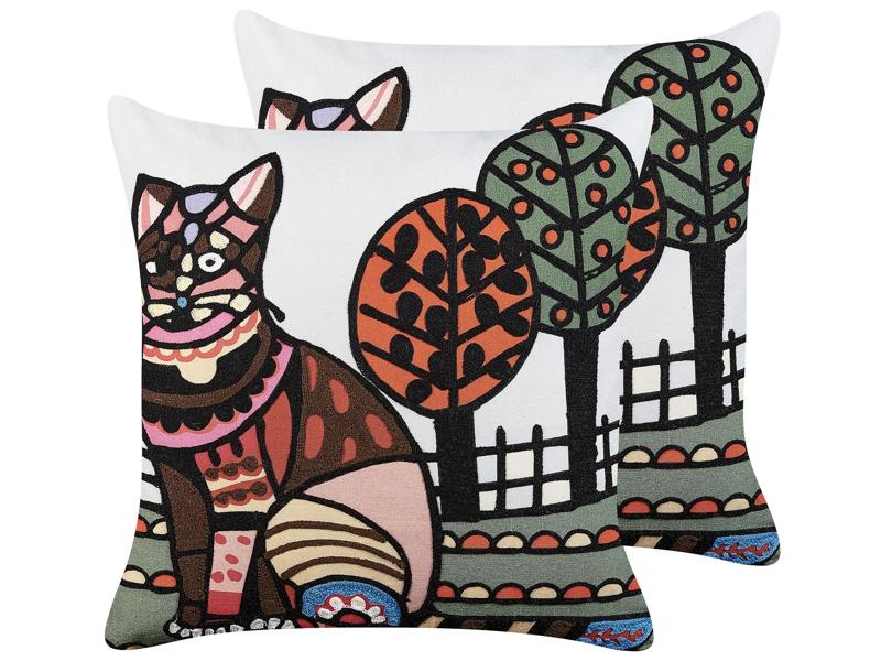 Set of 2 Scatter Cushions Multicolour Cotton Wool 50 x 50 cm Cat Motif Handmade Embroidered Removable Cover with Filling Boho Style Beliani