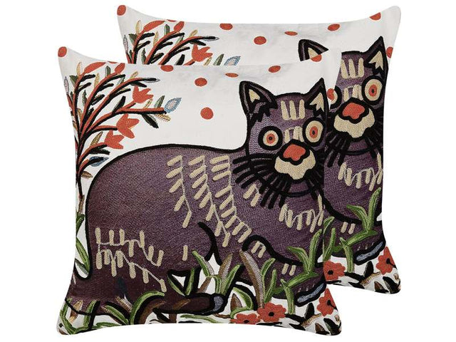 Set of 2 Scatter Cushions Multicolour Cotton Wool 50 x 50 cm Cat Motif Handmade Embroidered Removable Cover with Filling Boho Style Beliani