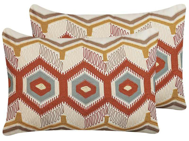 Set of 2 Scatter Cushions Multicolour Cotton Wool 40 x 60 cm Geometric Pattern Handmade Embroidered Removable Cover with Filling Boho Style Beliani